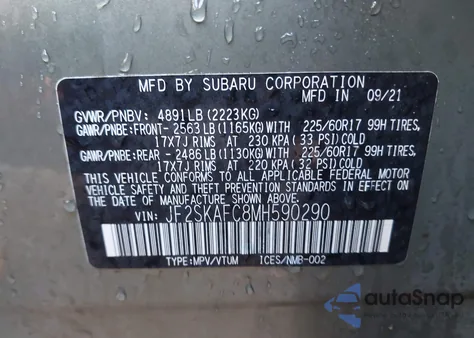 2021 Subaru Forester Premium из США, поврежденный, VIN JF2SKAFC8MH590290